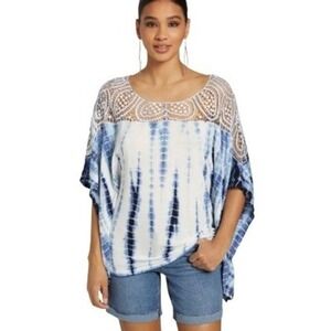 RAIN Blue Tie Dye Crochet Lace Yoke Poncho Top Womens 2X Plus Size Boho Flowy‎